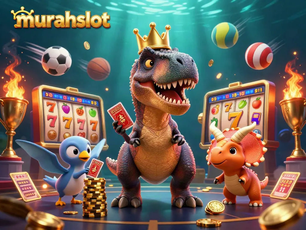 Experience thrilling gameplay at murahslot featuring vibrant cartoon dinosaurs in a dynamic casino setting.