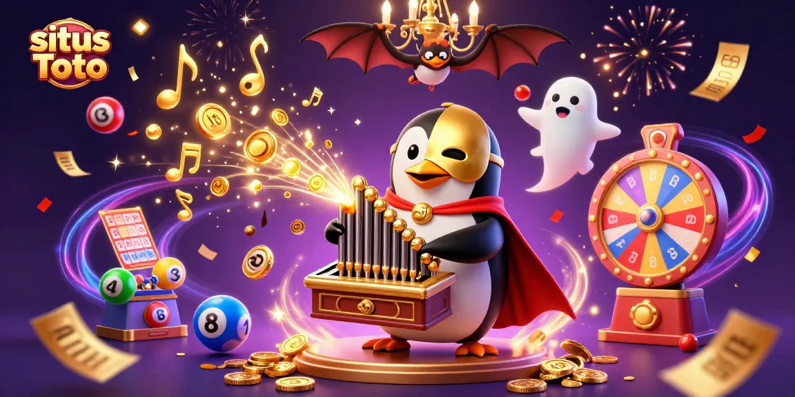 A lively celebration at situs Toto featuring a penguin playing an organ shooting golden coins amidst vibrant lottery elements.