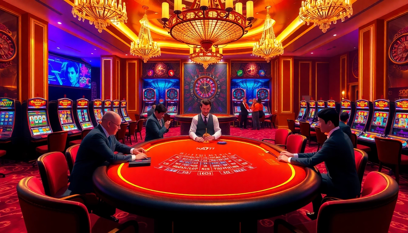 Players enjoying blackjack at NA777's luxurious casino with professional dealers.