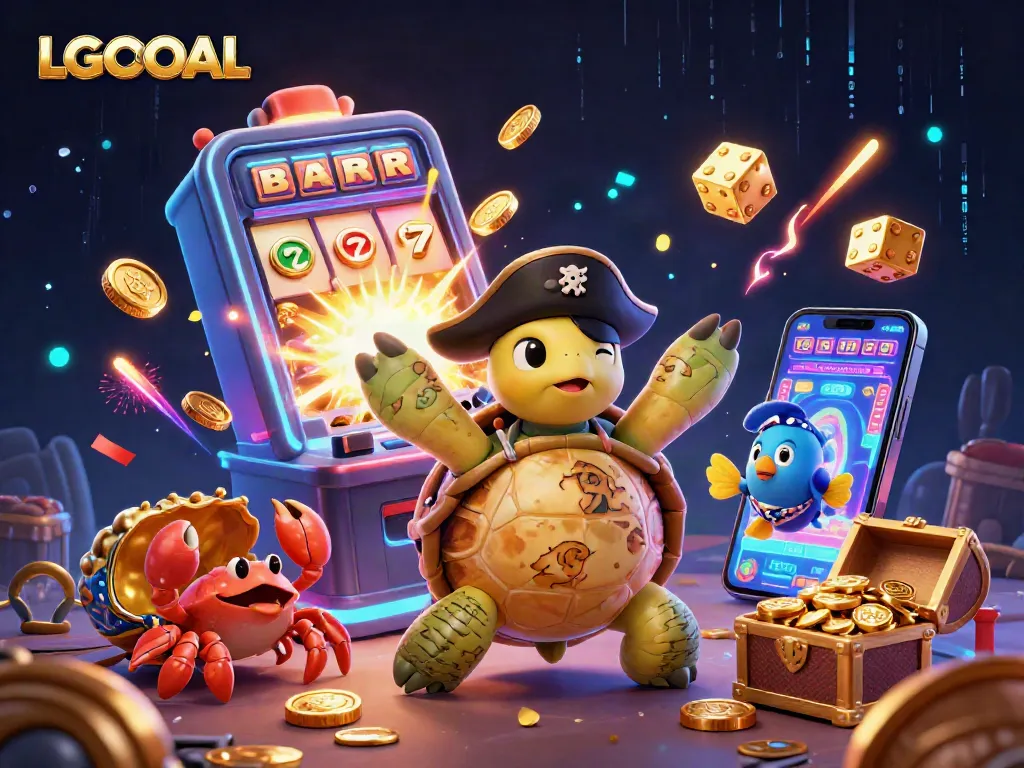 Experience thrilling gaming adventures at LGOGOAL with a vibrant 3D casino scene featuring a pirate turtle and a jackpot explosion.