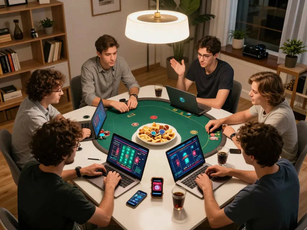 LGO99 players intensely strategizing poker decisions in a cozy online gaming setup.