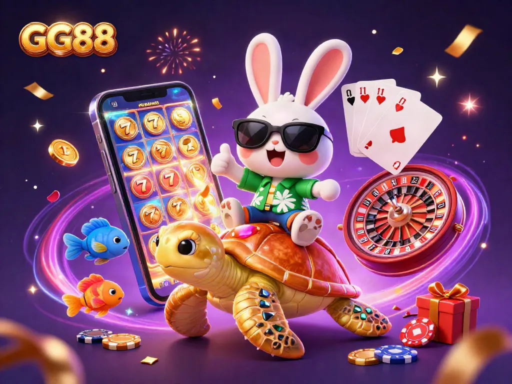 Experience the vibrant GG88 casino world with a lucky rabbit and golden turtle in action.