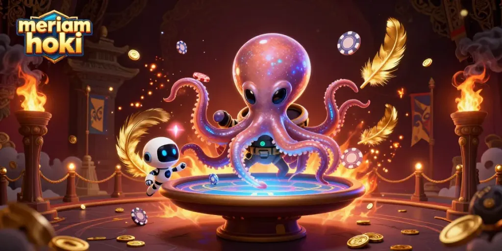 Meriam hoki tangkap momen seru permainan kartu di meja poker holografik dalam ilustrasi 3D.