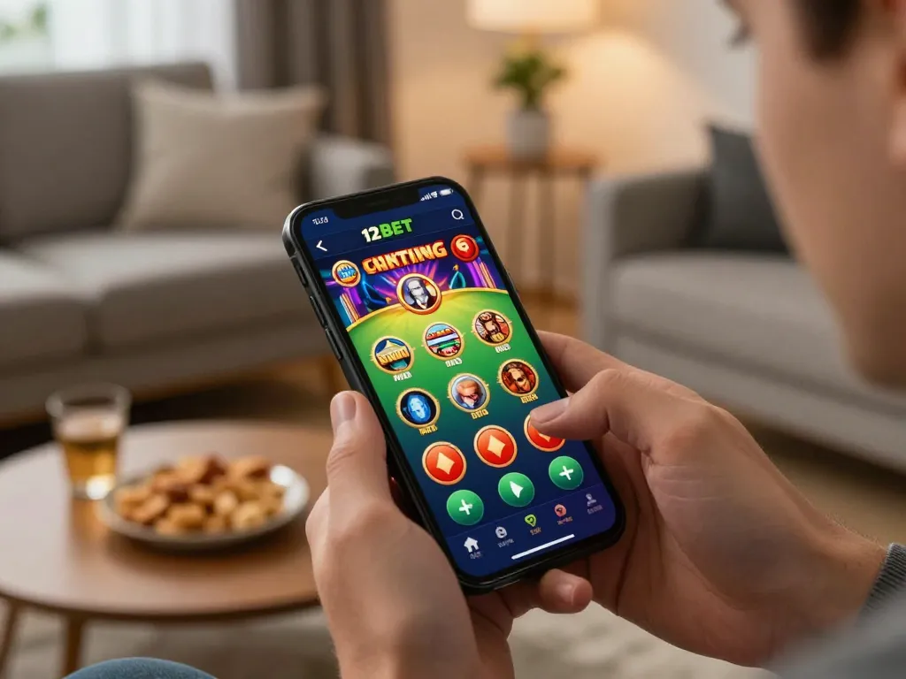 Người dùng hấp dẫn đang đặt cược trên ứng dụng di động Link 12bet trong môi trường thoải mái tại nhà.