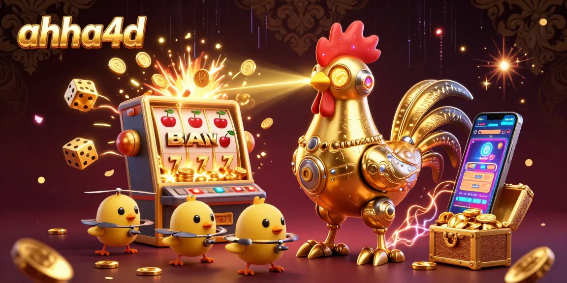 Engage with ahha4d's exciting jackpot scene, highlighting golden rooster robot action in a vibrant casino.