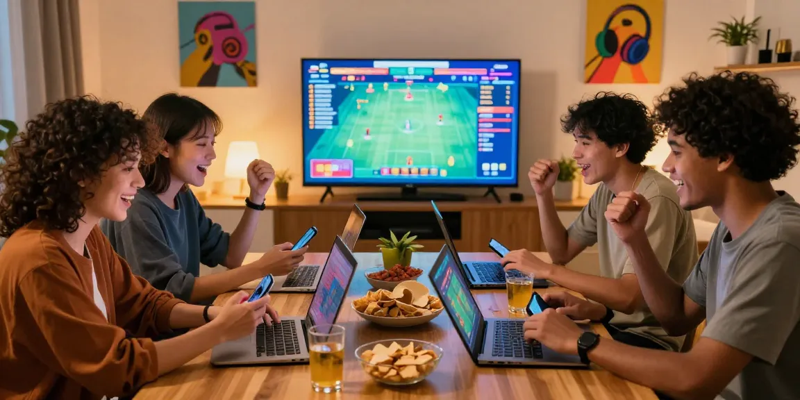 Excited friends winning on situs togel while playing online in a cozy living room.