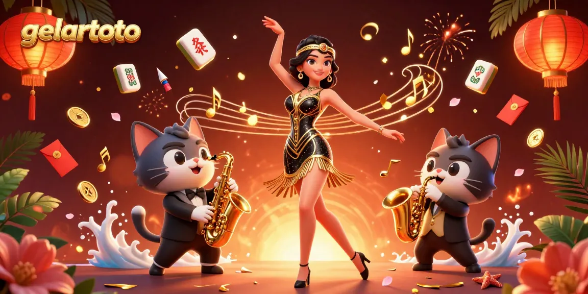 Experience gelartoto excitement with a dynamic illustration featuring a woman and a saxophone-playing cat among mahjong tiles and festive elements.