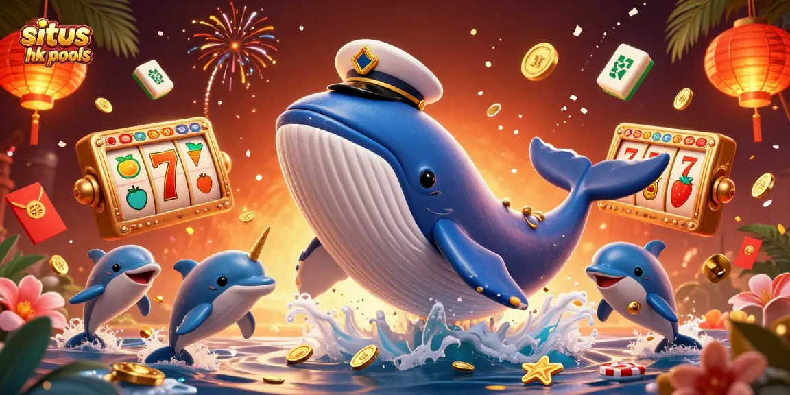 Menghadirkan situs hk pools, ilustrasi kasino 3D menampilkan paus raksasa, narwhal, dan lumba-lumba, dikelilingi elemen permainan yang menakjubkan.