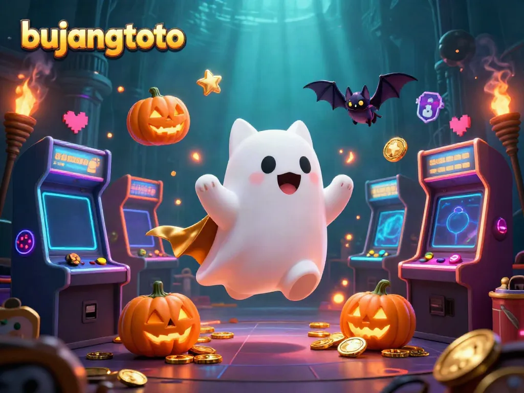 Engage in vibrant bujangtoto gaming with a lively ghost cat and vampire bat surrounded by colorful arcade and casino elements.