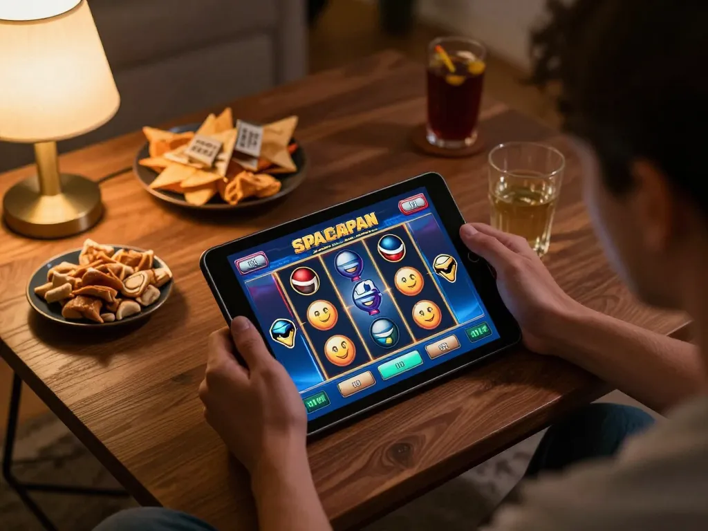 Pemain yang terlibat menikmati permainan slot spaceman di tablet dalam suasana rumah yang nyaman