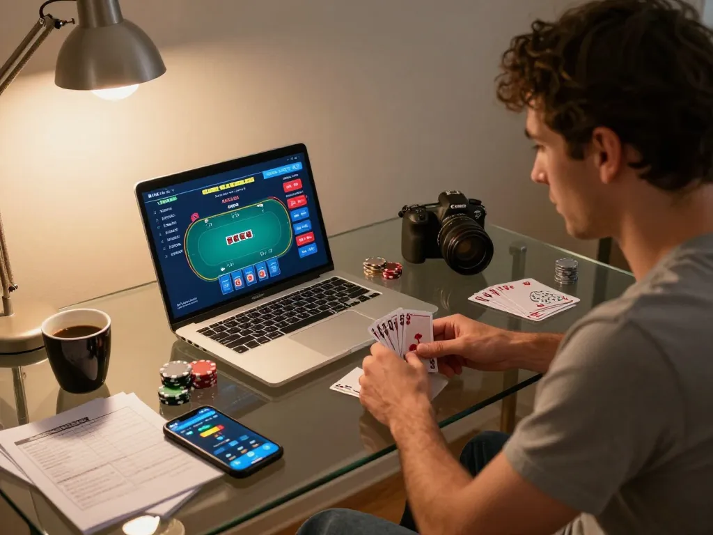 Player engaged in online poker game at home using laptop and smartphone for effective gambling management at nhà cái UG88.