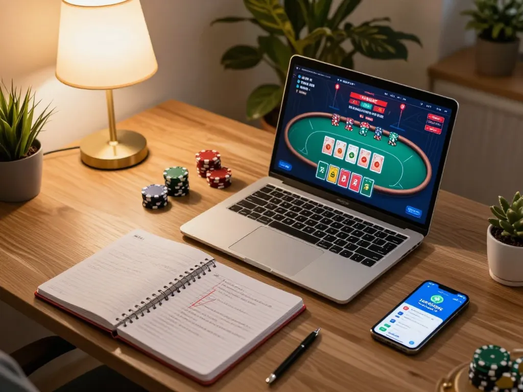 Engaging in online poker with joylink free kredit displayed on laptop, cozy home gaming atmosphere.