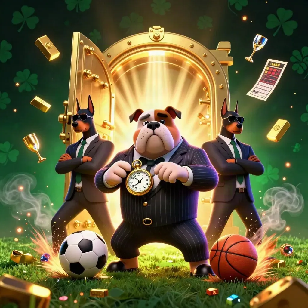 Bulldog mafia dan dua doberman di tengah ledakan bola dan emas neon kasino.