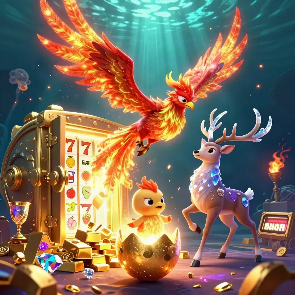 Phoenix emas, bayi phoenix, dan rusa kristal di antara emas dan permata, latar laut gelap.
