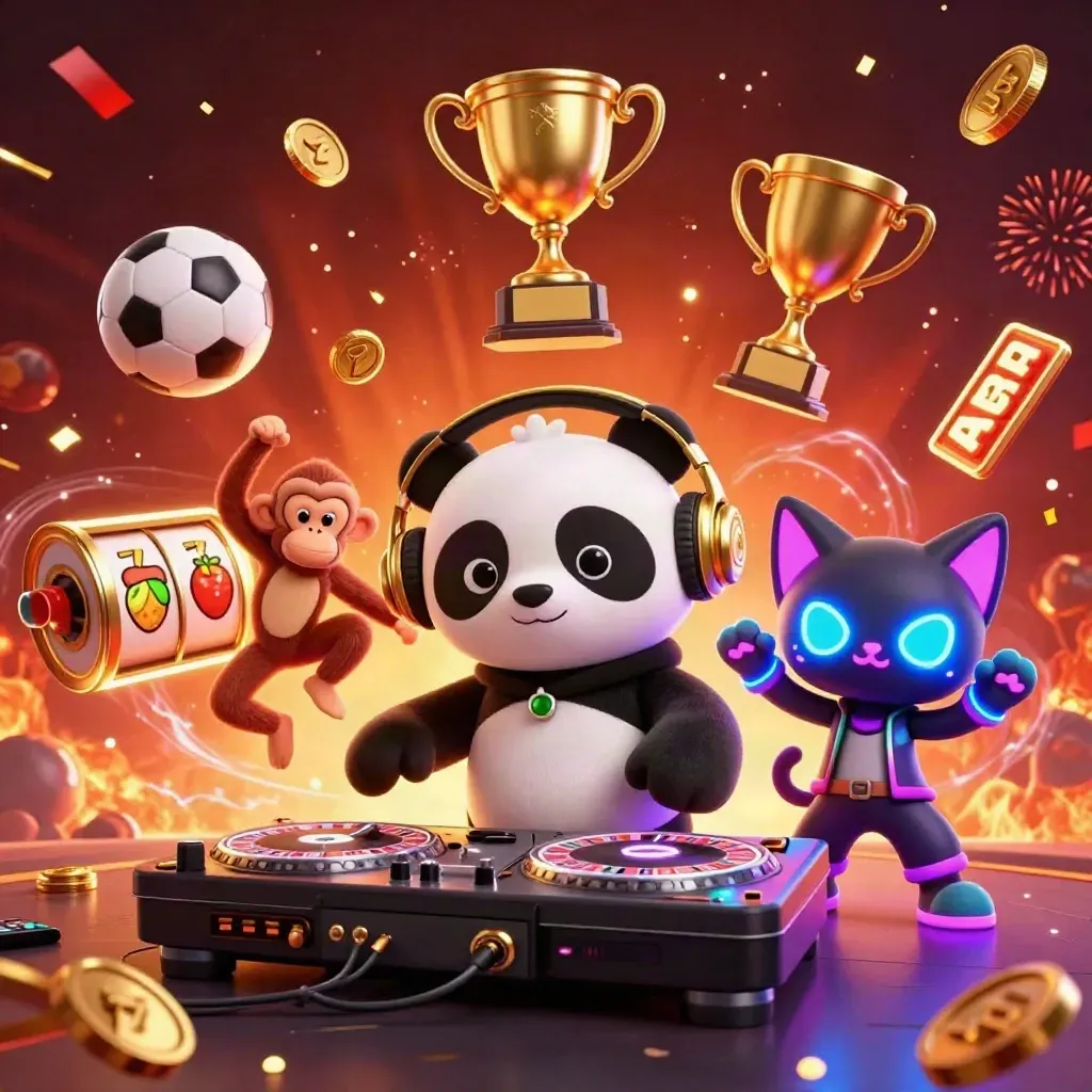 Panda DJ, monyet breakdance, dan anak kucing rave di tengah bola, koin, dan efek neon kasino.