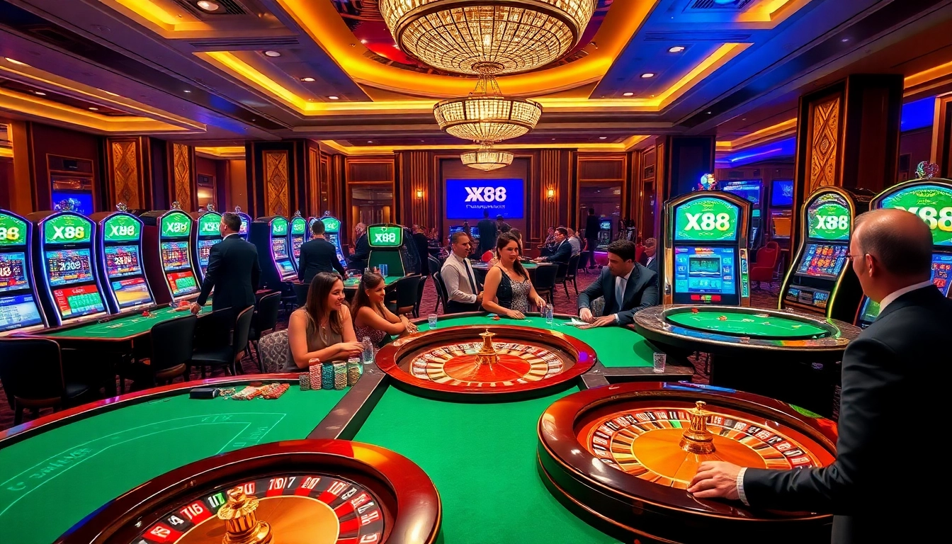 Engaging scene of gamblers enjoying the excitement at XX88 casino tables with vibrant slot machines.
