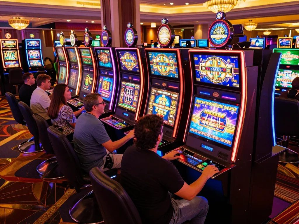 IDCJOKER players enjoying vibrant slot machines in a colorful casino setting with dynamic displays.