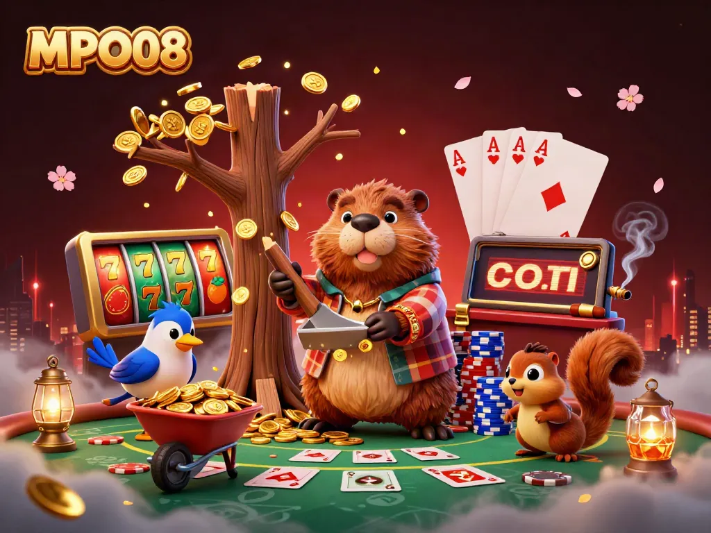 MPO08 showcases a lively scene with vibrant characters collecting gold coins surrounded by poker and slot elements.