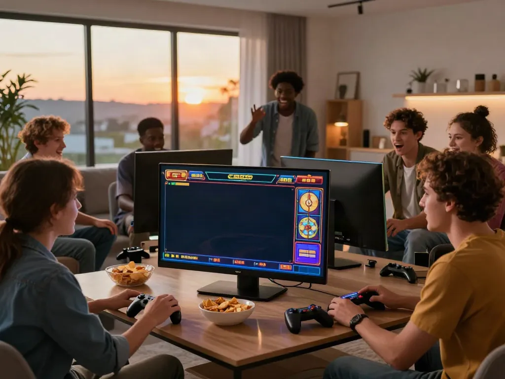 Group playing slot online in a lively living room with snacks and vibrant game display.