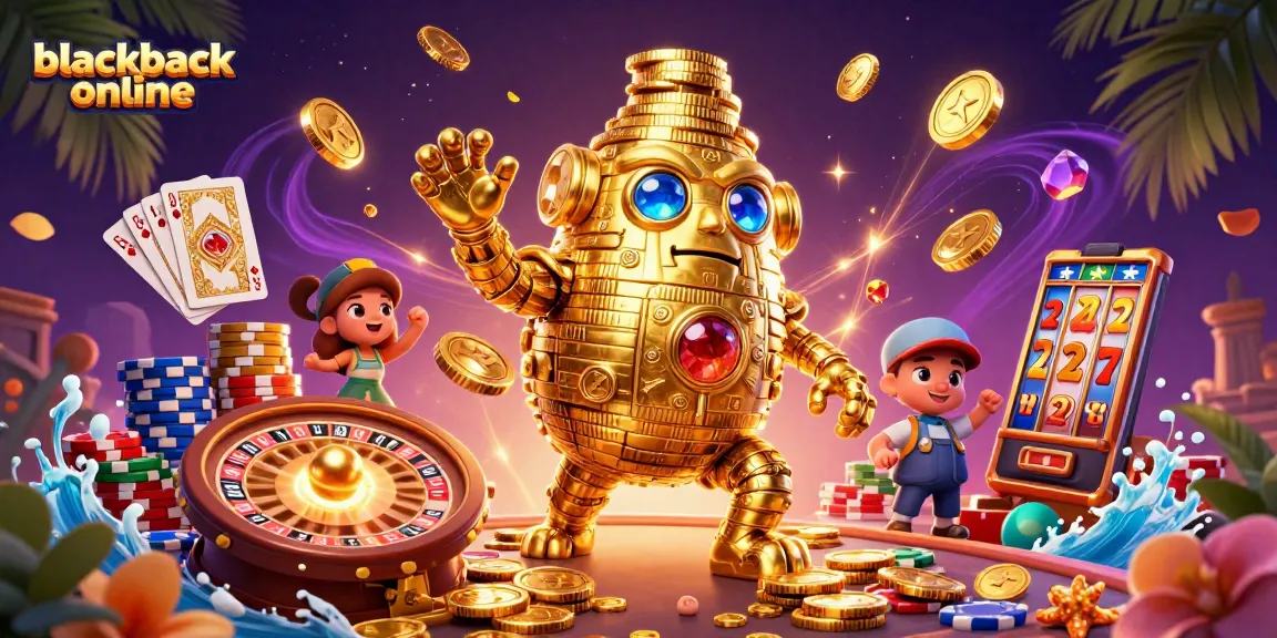 Engage in blackjack online with a dynamic 3D scene featuring a golden golem and casino elements.