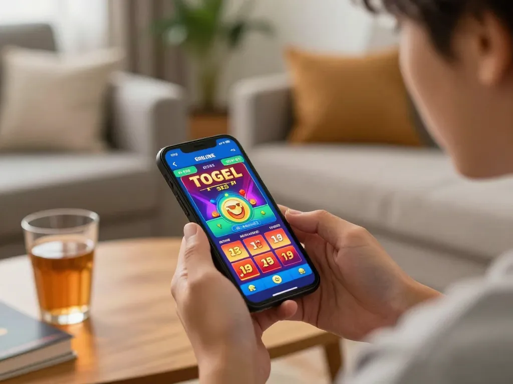Engaging in togel online terpercaya gameplay on a smartphone in a cozy home environment.