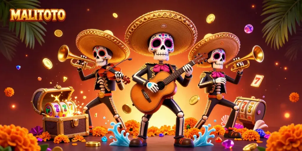 Engage with the vibrant MALITOTO slots scene, where skeleton mariachis celebrate among cascading coins and jewels.
