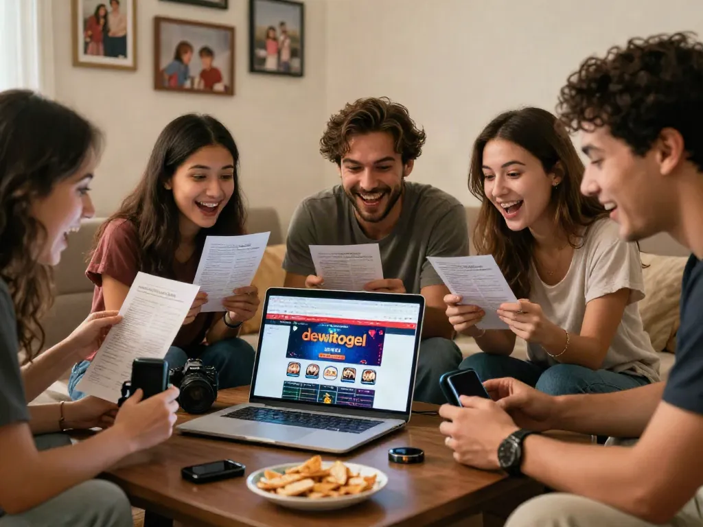 Scene asik bermain dewitogel di ruang tamu hangat dengan teman-teman, semangat tinggi dan perangkat taruhan digital.
