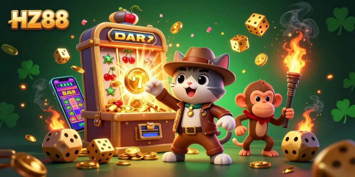 Engage with HZ88 in a vibrant 3D casino adventure featuring an explorer cat and treasure moments.