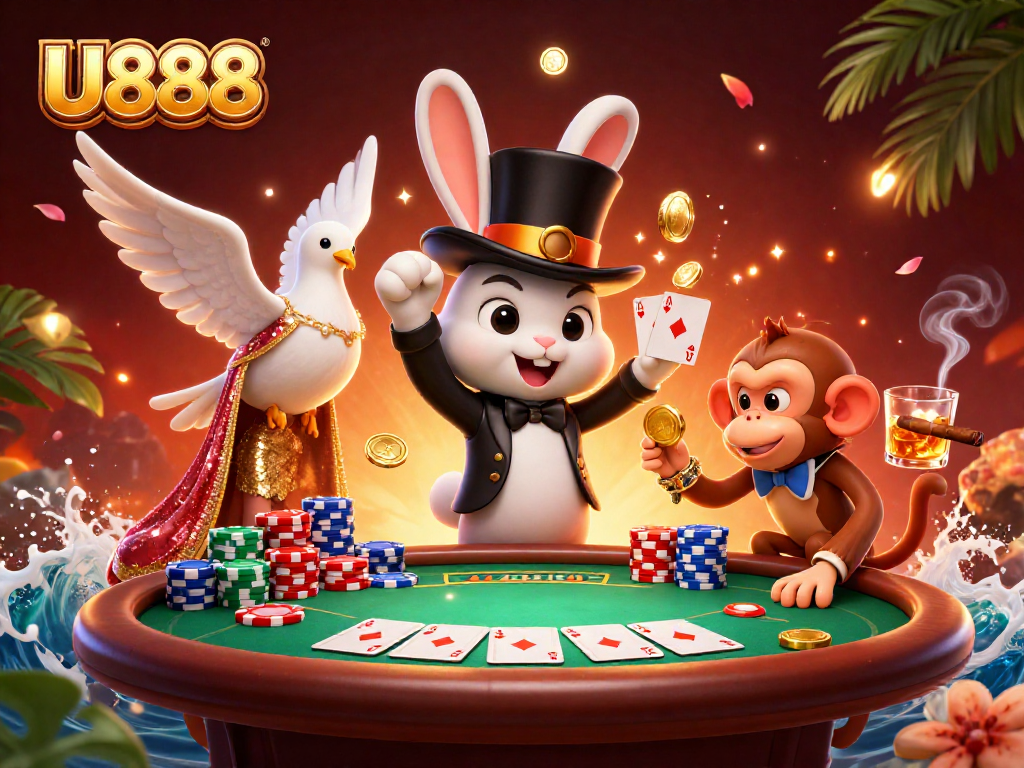 Engage in excitement with U888 as a magician rabbit introduces magical coins at a vibrant poker table.
