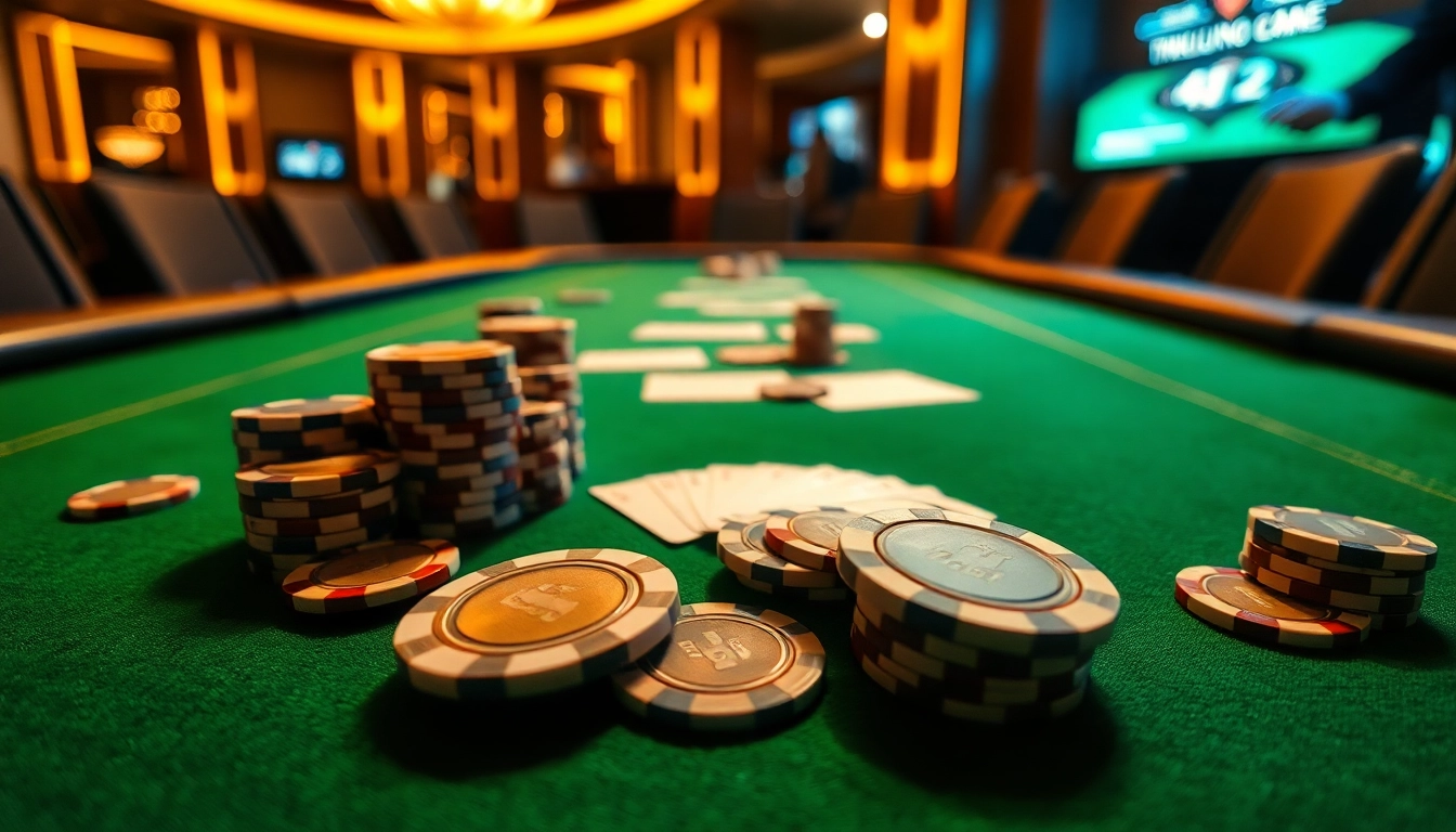 Permainan kasino toko56 dengan tumpukan chip poker berwarna cerah di meja hijau.