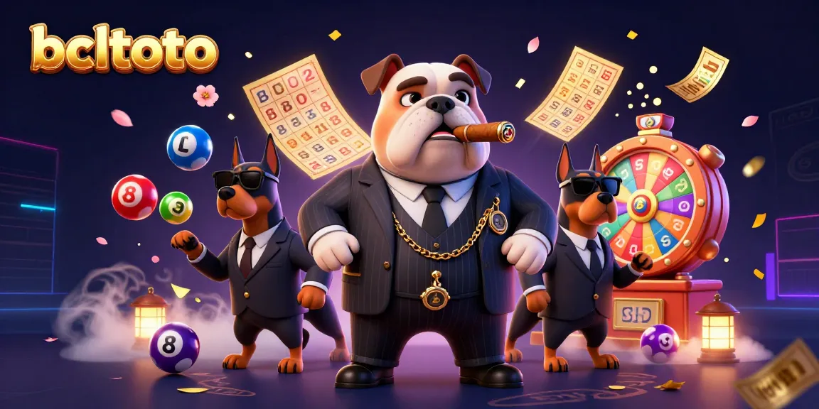 Visualisasi bcltoto dengan bos mafia bulldog dan anjing penjaga, penuh elemen permainan lotere.