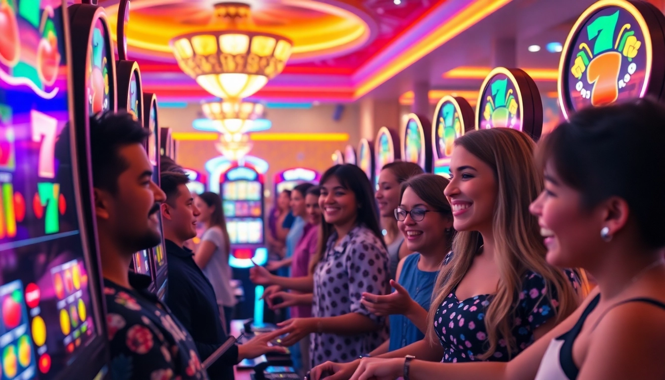 Exciting slot game scene showcasing diverse players engaging with vibrant slot machines, emphasizing fun and winning.