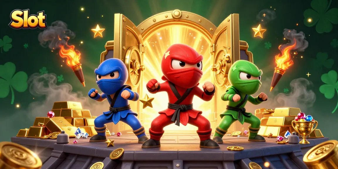 Experience thrilling Slot action with a vibrant 3D illustration featuring ninja chameleons and golden treasures.