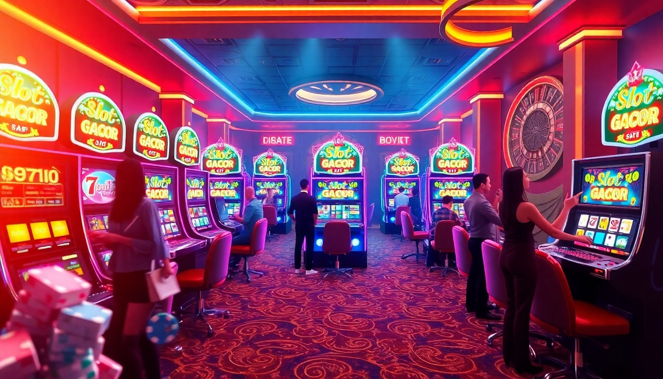 Players winning on slot gacor machines in a vibrant casino atmosphere with bright lights and excitement.