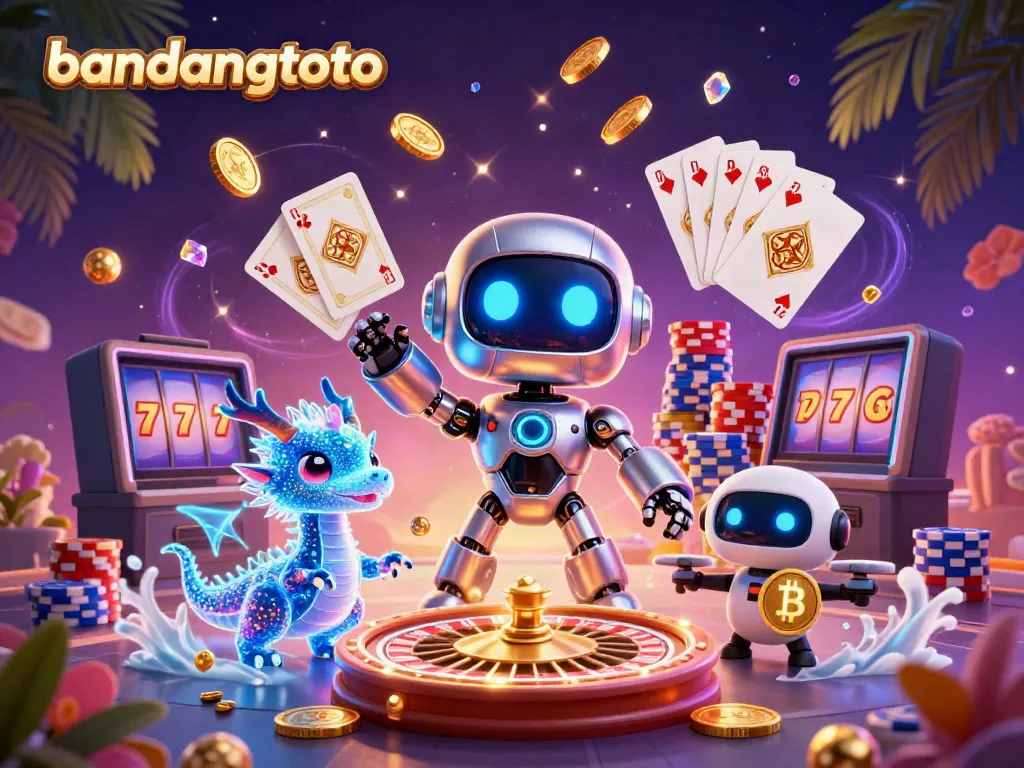 Bandungtoto features cyberpunk robot mascot gambling alongside vibrant casino elements.
