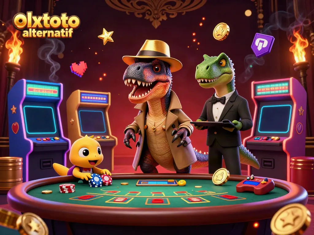 Watch the 3D velociraptor card counter, with olxtoto alternatif branding, in a fun casino scene.