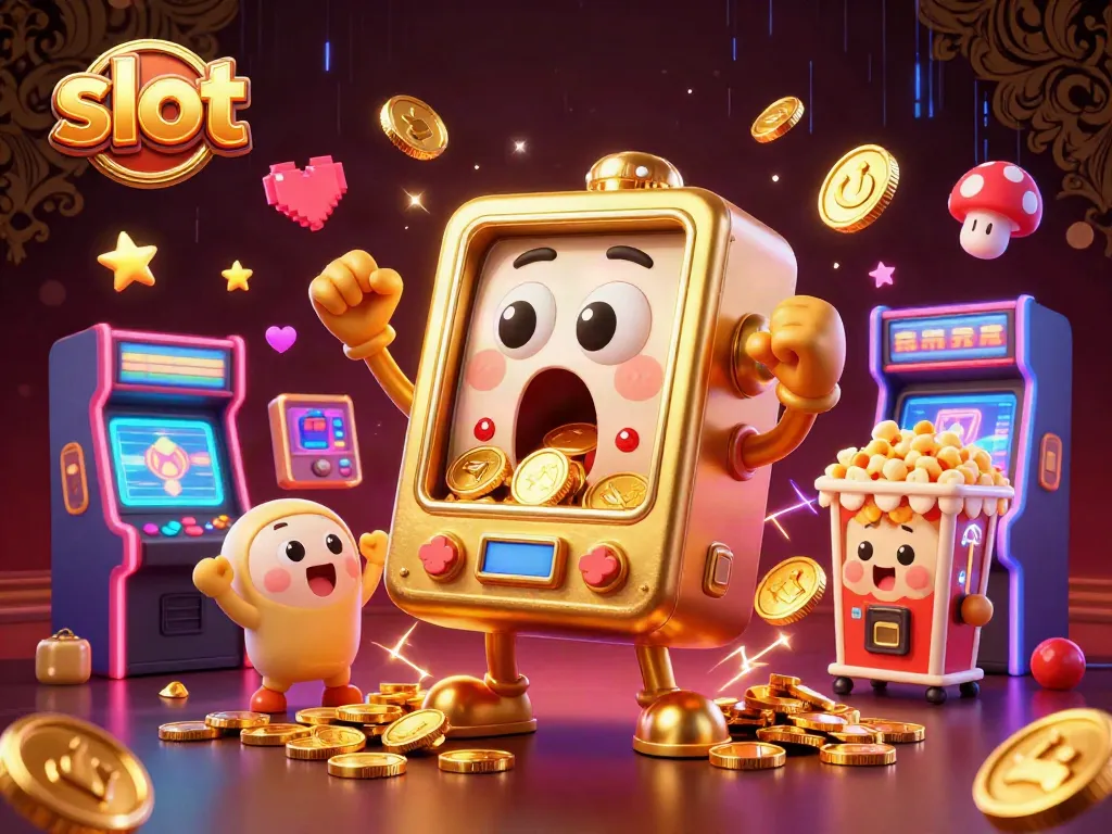 Slot jackpot berkilauan dari mesin slot bersentuhan dengan karakter kartun, mengeluarkan koin emas.