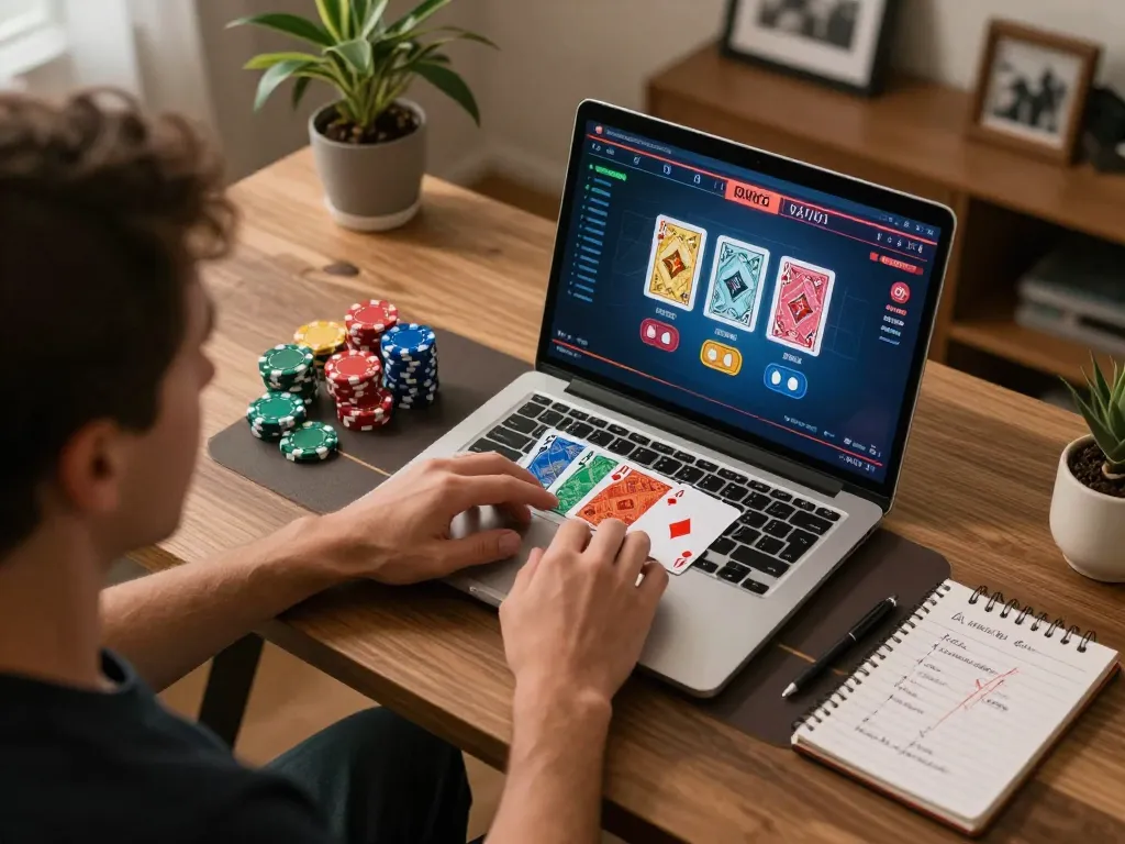 Engaged player using GG88 COM for online poker, with cards and betting notes in a cozy home setting