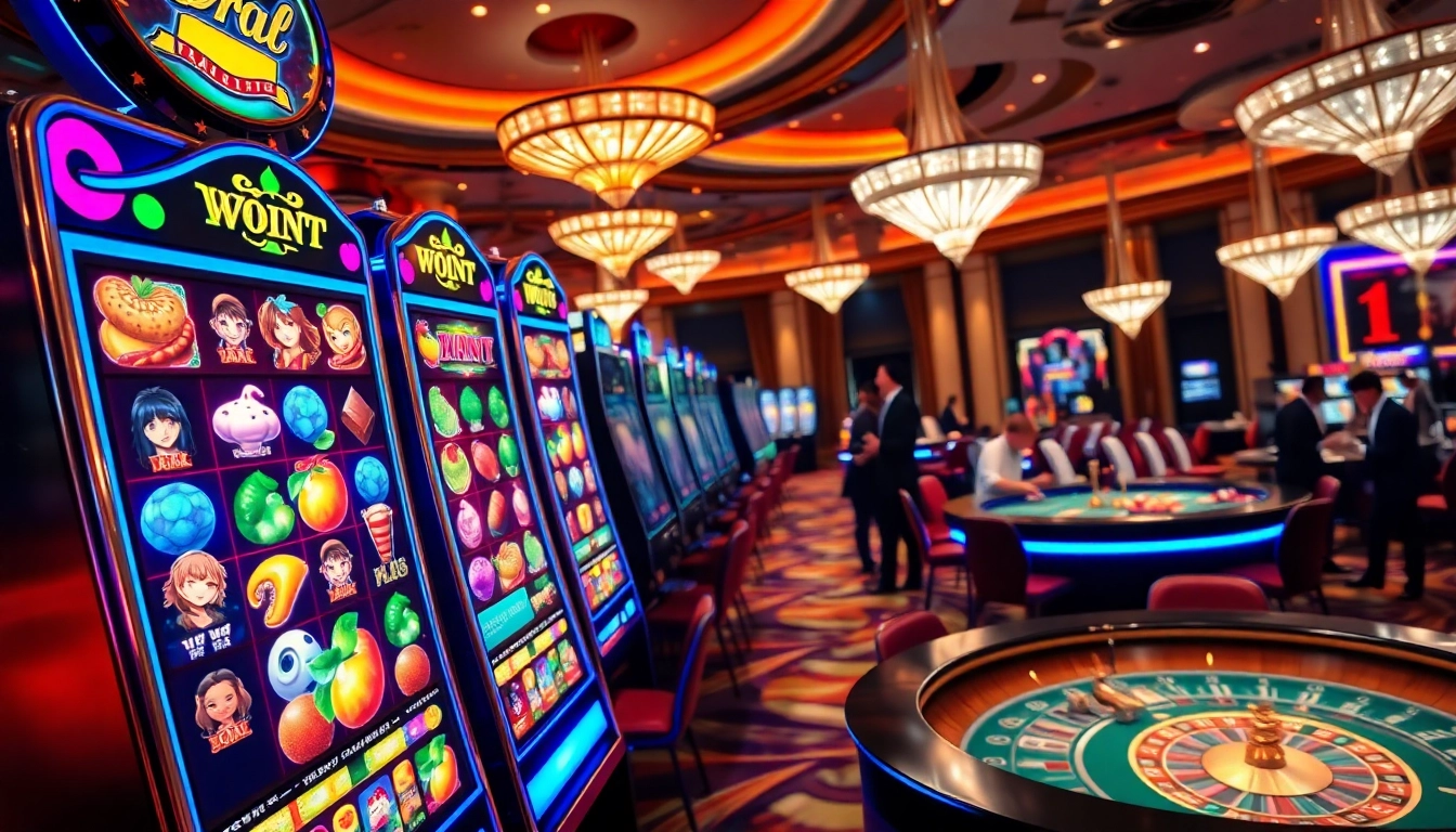 A player engaging with a vibrant slot machine at a luxurious casino, showcasing the thrill of nama nama situs judi slot online.