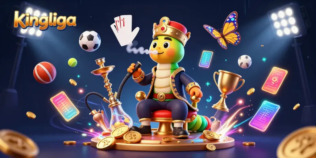 P permainan menarik di kingliga dengan simbol kartu poker dan koin emas yang menyebar.