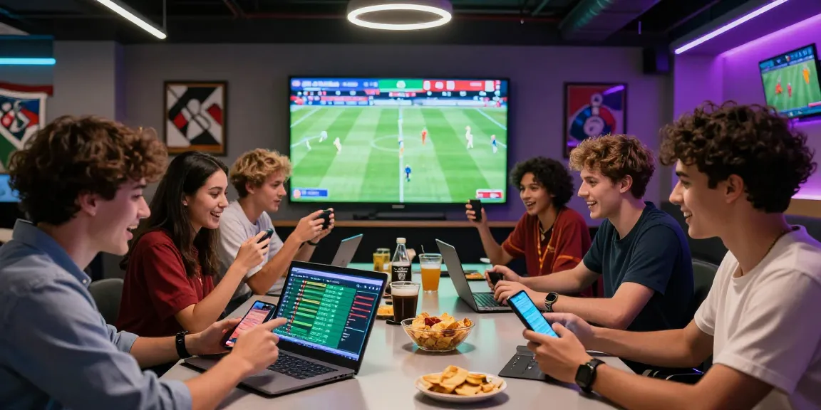 Group celebrating while placing mix parlay bets in a lively sports betting lounge during the World Cup 2026.