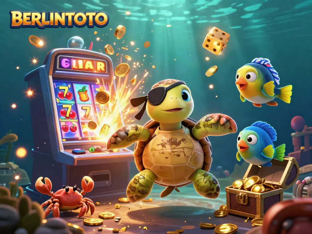 Play exciting casino games on BERLINTOTO with colorful characters and slot machines surrounding treasure.