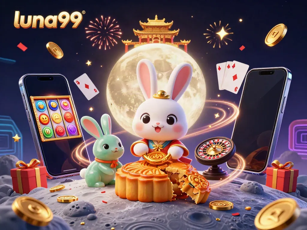 Animasi 3D luna99 menggambarkan kelinci bulan memukul kue bulan dengan chip poker di luar angkasa.