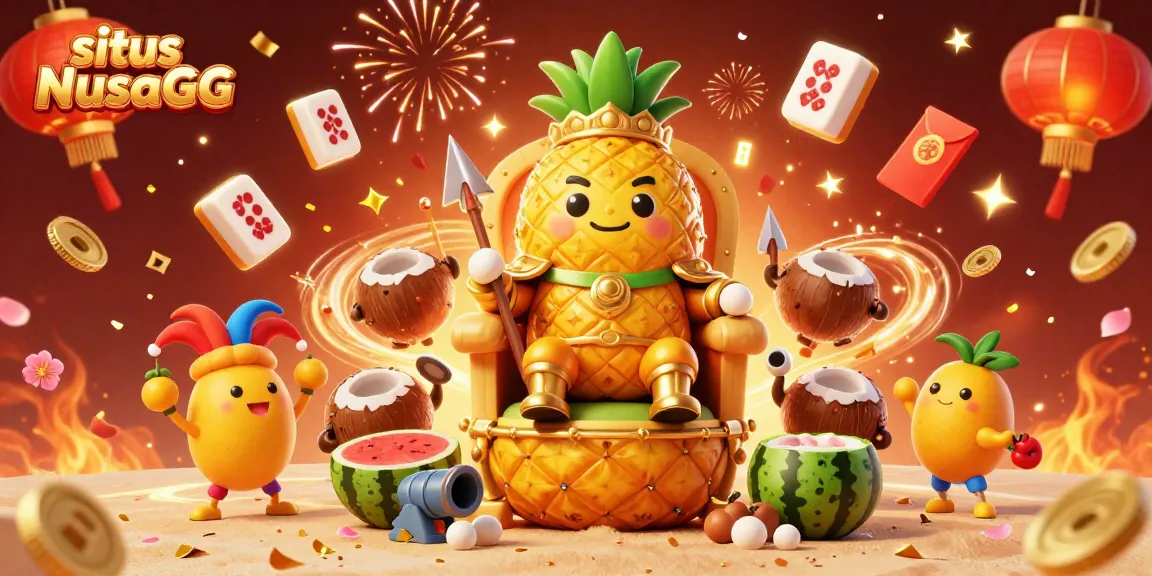 Engage with situs NusaGG at a vibrant casino scene featuring a pineapple king and colorful game elements.