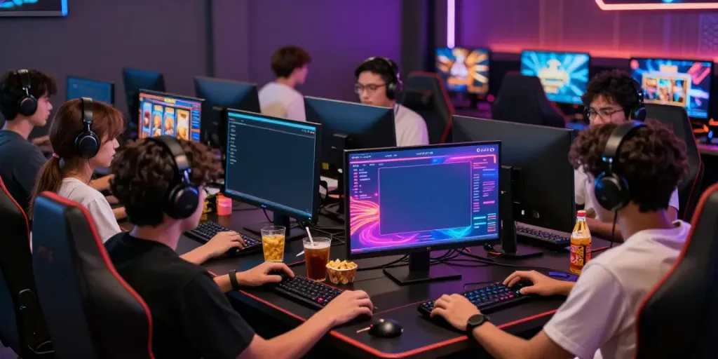 Friends enjoying slot gacor games in a vibrant gaming lounge, showcasing excitement and community.
