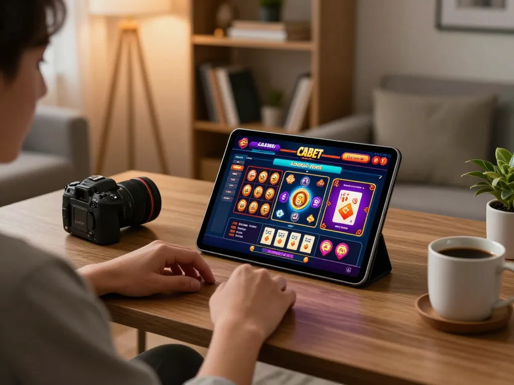 Engaging online gambling scene on fabet with a player using tablet in cozy atmosphere.