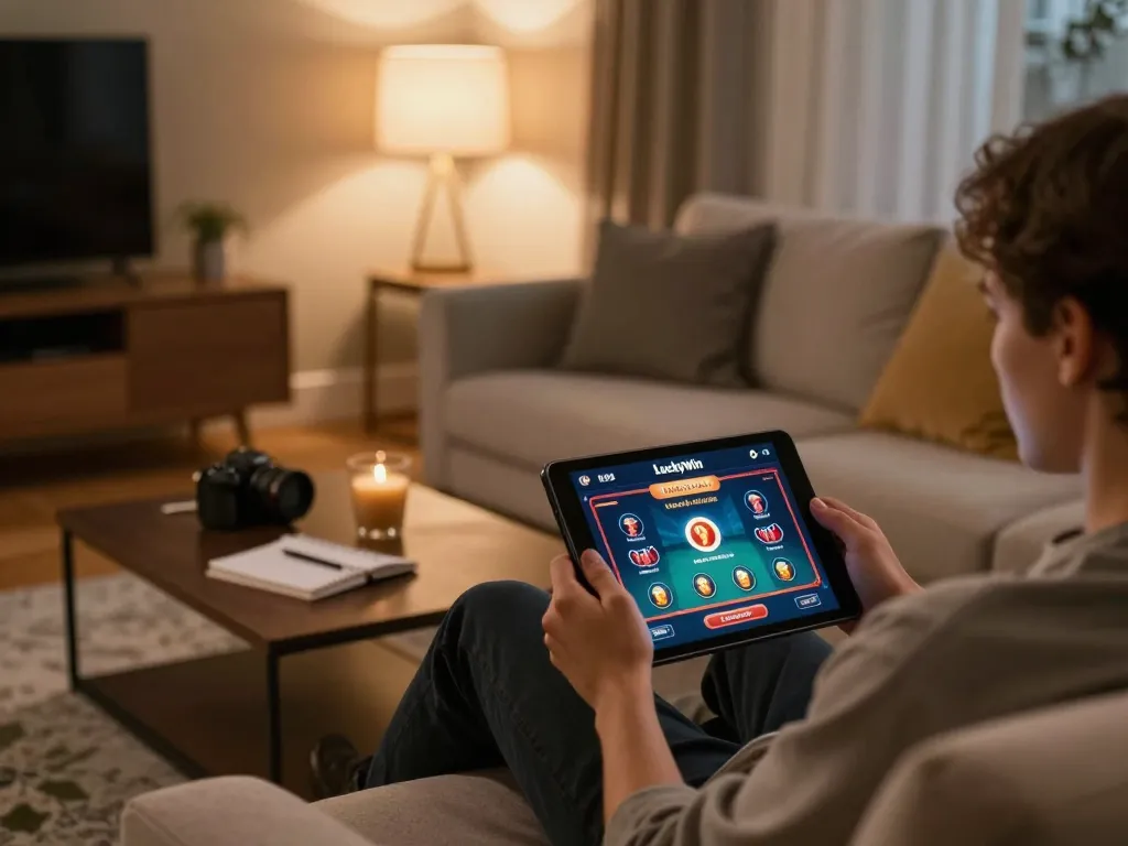 Engaging with the Luckywin link on a tablet, illustrating a cozy online gaming setup.