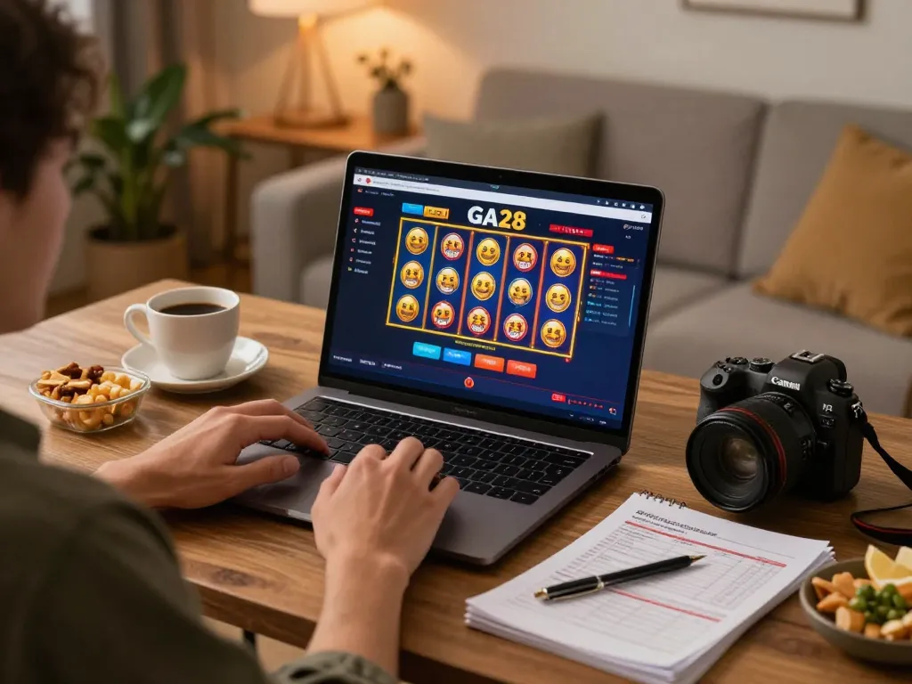 Person playing on GA28 online casino interface on laptop while managing bankroll notes and snacks.