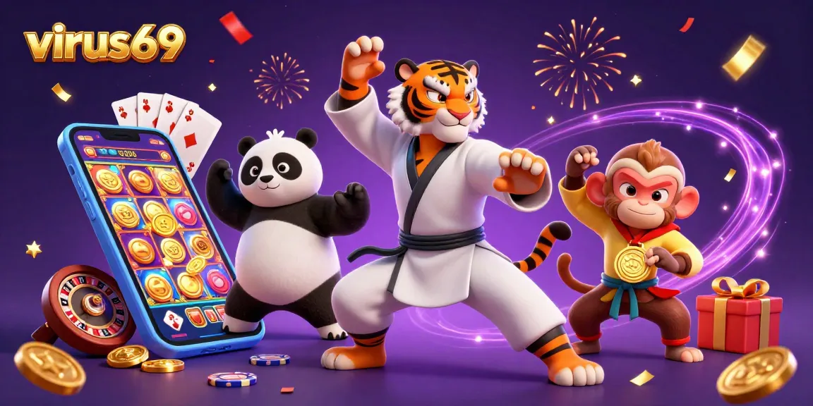 Experience excitement with virus69 at a vibrant online gaming scene featuring a kung fu tiger and playful characters.