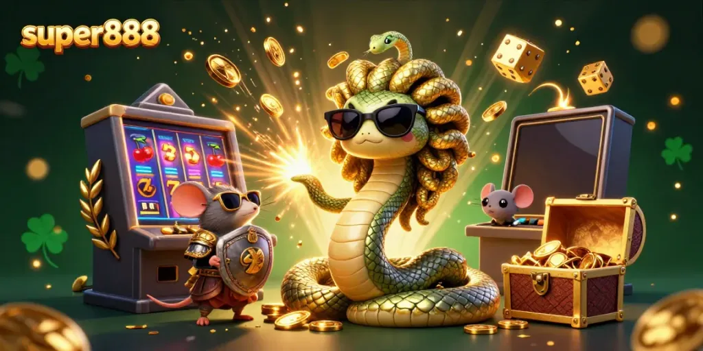 Super888, karakter Medusa dan mouse warrior bermain mesin slot dengan koin emas bertebaran.